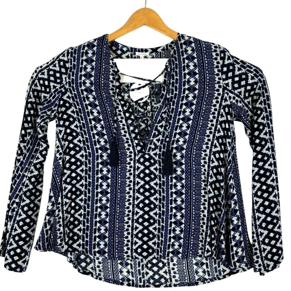 NWT En Creme Womens M Blue Boho Peasant Blouse Long Sleeve Lace Up Front Tassels